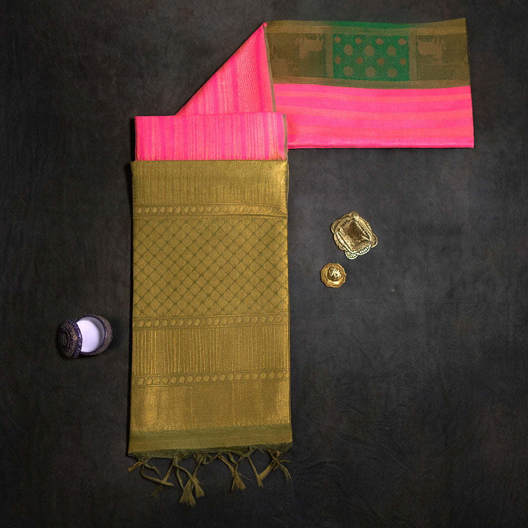 Pink Gokul Tussar with green border