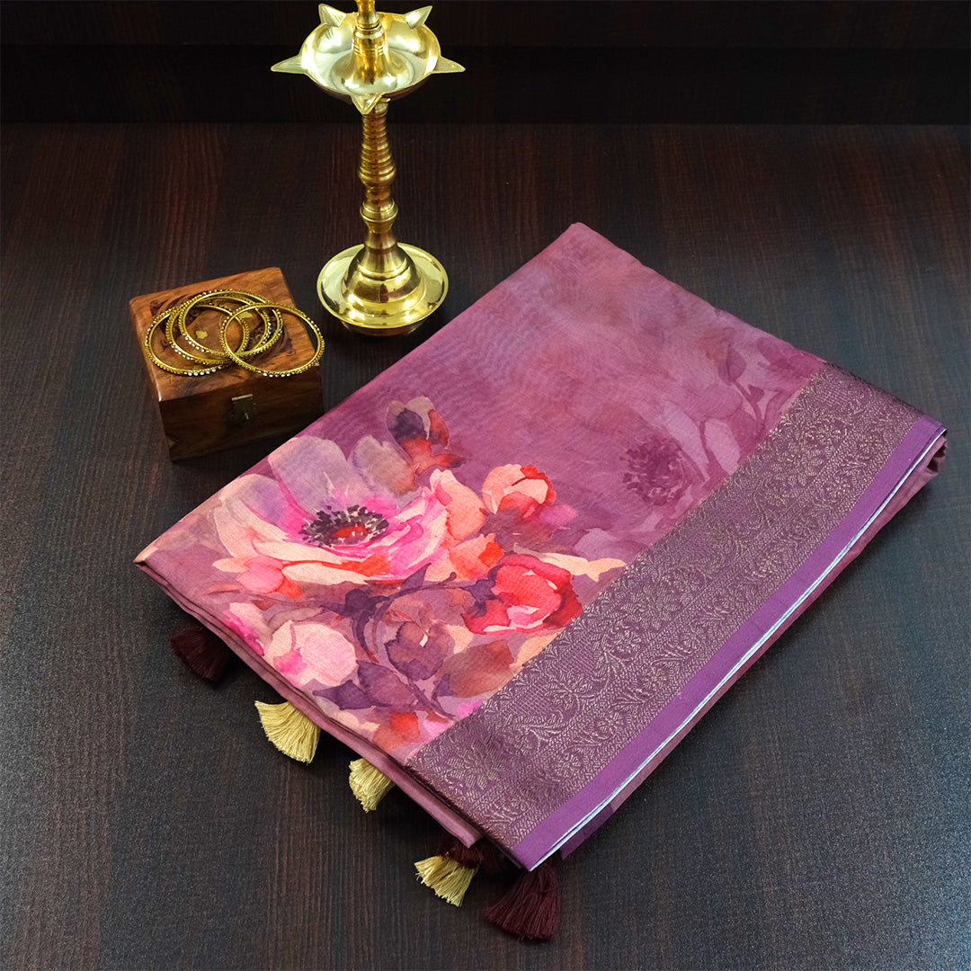 Chaithra Weave in Rich Mauve Plum base with floral prints
