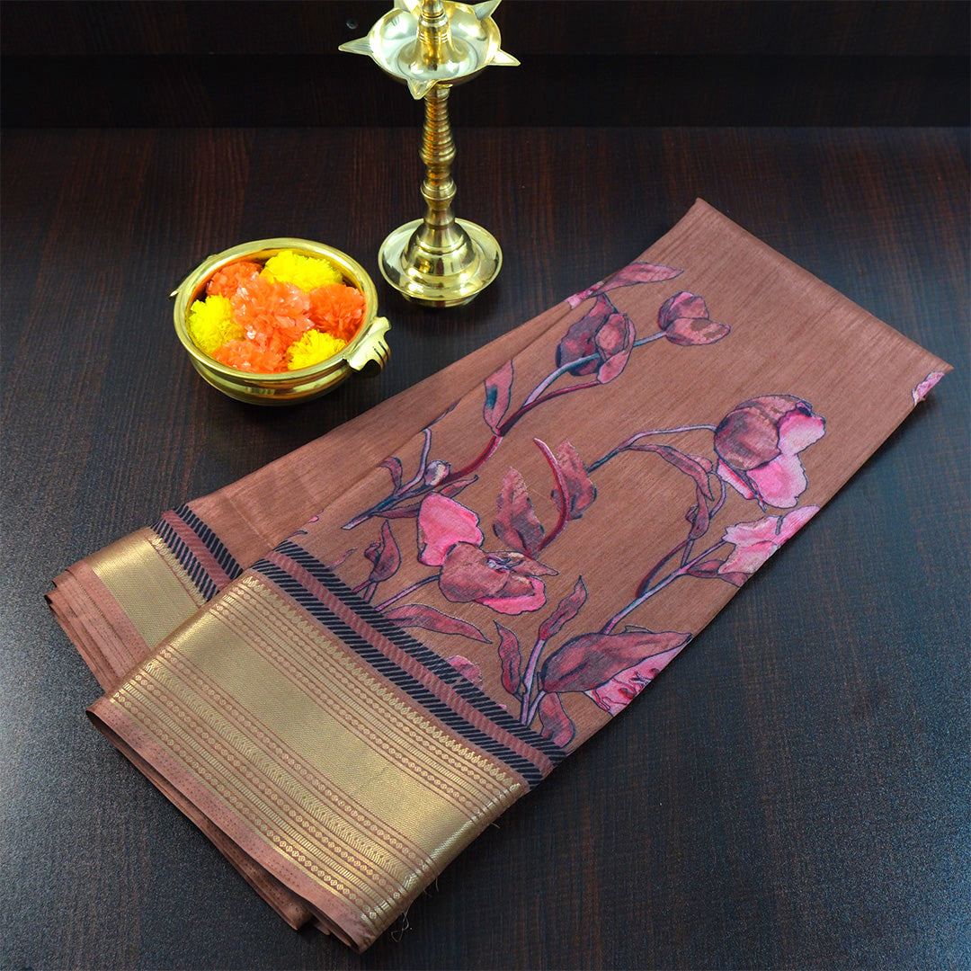 Kusum Silk in Warm Coffee Brown Base with floral prints