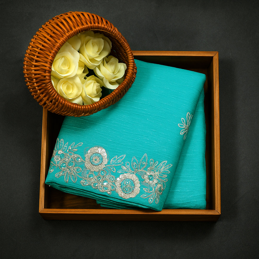 PASTEL WHISPERS - Aqua Blue Designer Chiffon Saree with Floral Buttas and Silver Zari works
