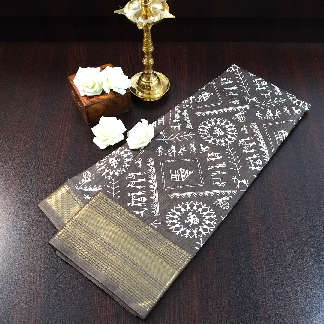 Kusum Silk in Charcoal Grey base with Kalamkari prints