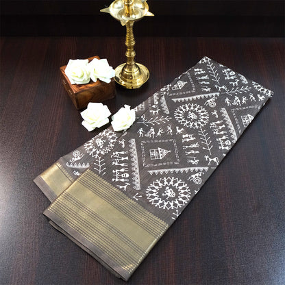 Kusum Silk in Charcoal Grey base with Kalamkari prints