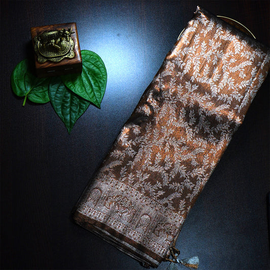 Thara Silk in Rich Chocolate Brown Base with Floral works