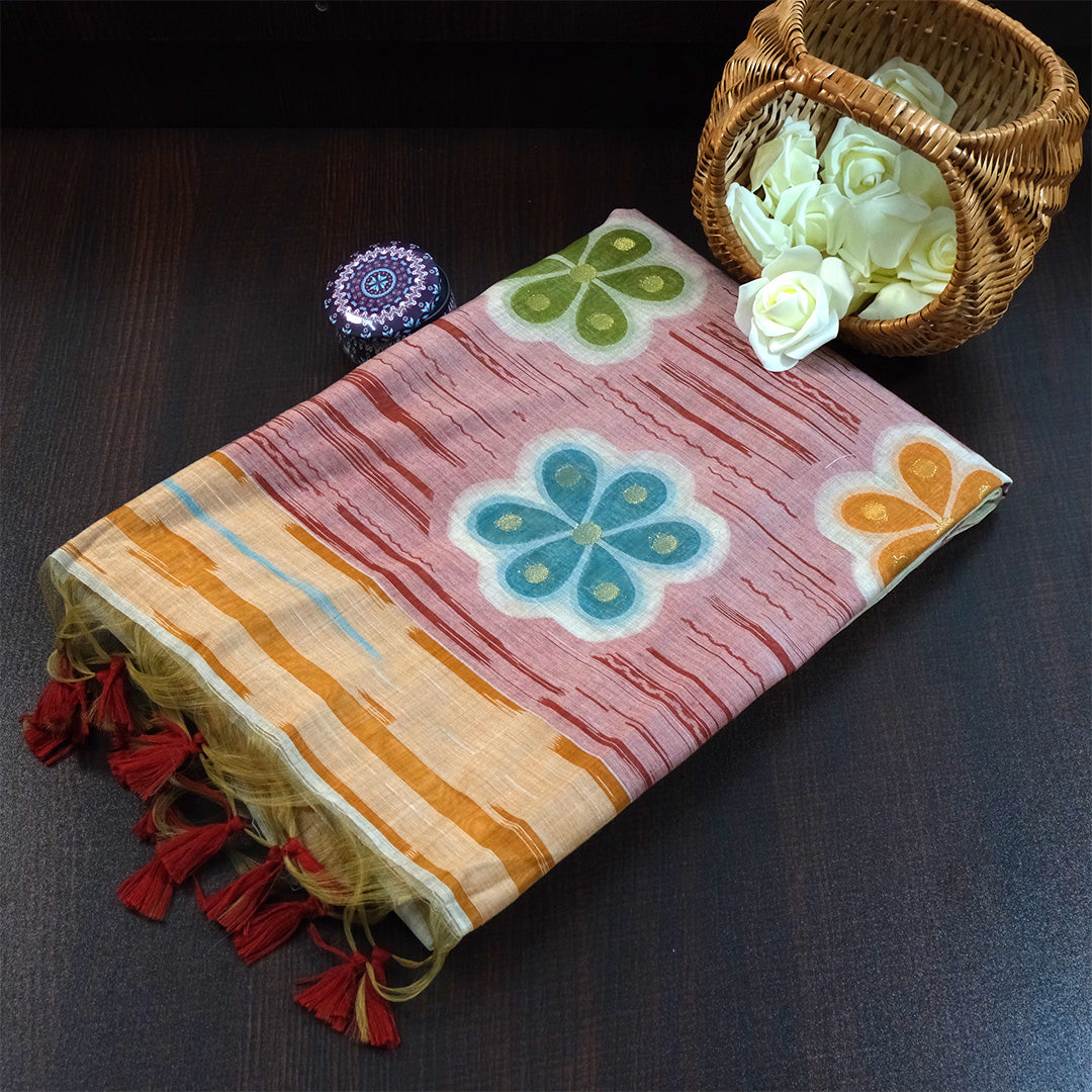 Navarangi Tussar in warm peach pink shade with a soft, textured finish