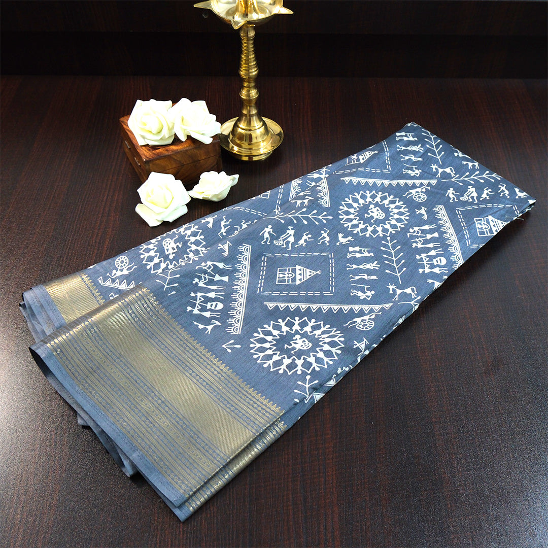 Kusum Silk in Slate Blue base with Kalamkari prints