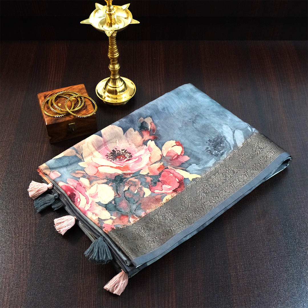 Chaithra Weave in Smoky steel grey base with floral prints