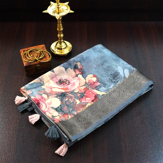 Chaithra Weave in Smoky steel grey base with floral prints