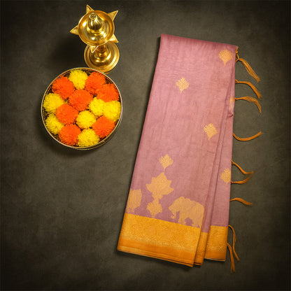 Dusty Rose Ambari Silk Saree with Gold Zari Floral Buttas