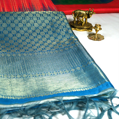 Coral Pink Gokul Tussar with Blue and Green border