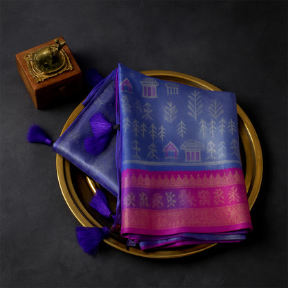 Royal purple and magenta pink Stravi Silk, highlighted with shimmering silver zari detailing.