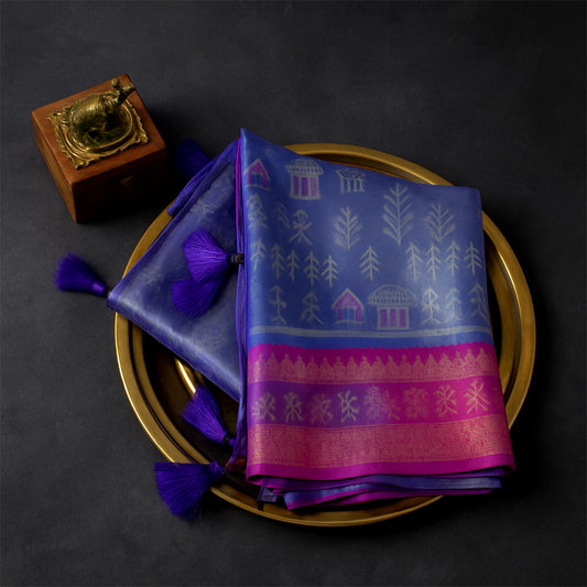Royal purple and magenta pink Stravi Silk, highlighted with shimmering silver zari detailing.