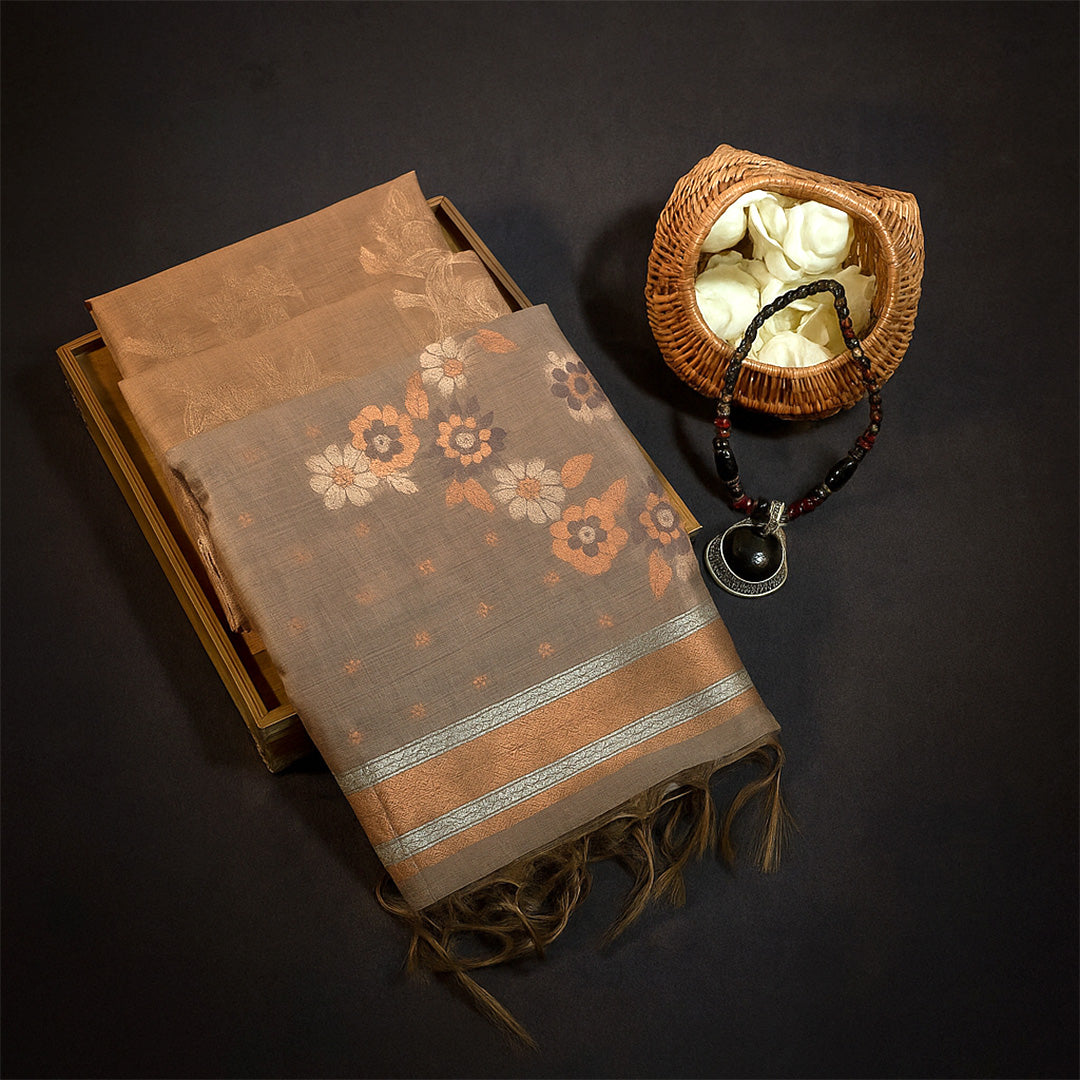 Warm brown Palayam Silk Tussar with soft grey border