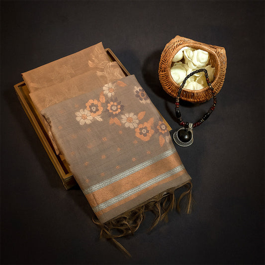 Warm brown Palayam Silk Tussar with soft grey border