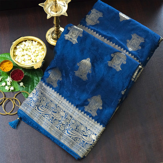 Royal Ratha Banarasi Silk in rich royal blue shade, beautifully complemented with silver zari motifs