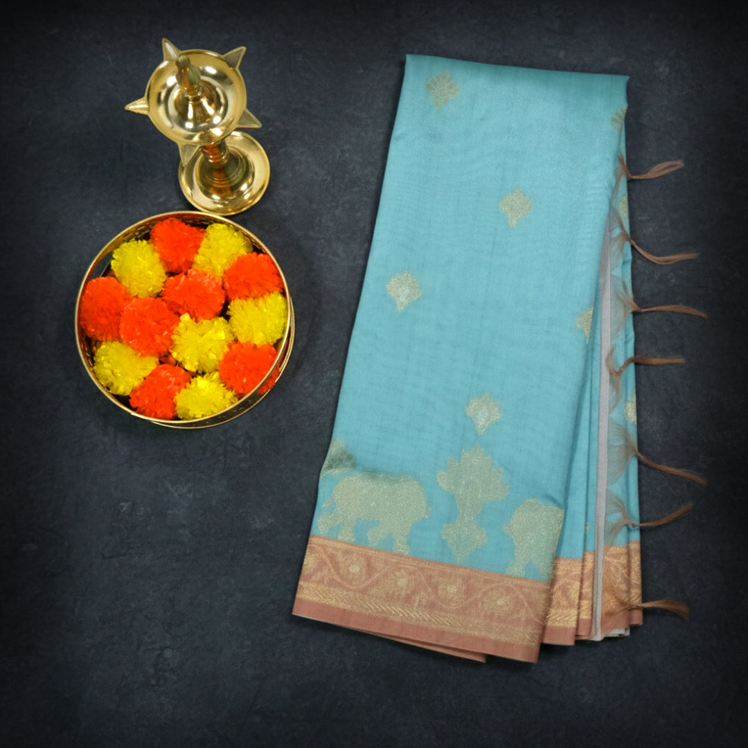 Aqua Blue Ambari Tussar with Rust border