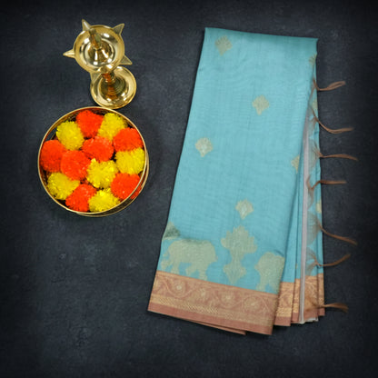 Aqua Blue Ambari Tussar with Rust border