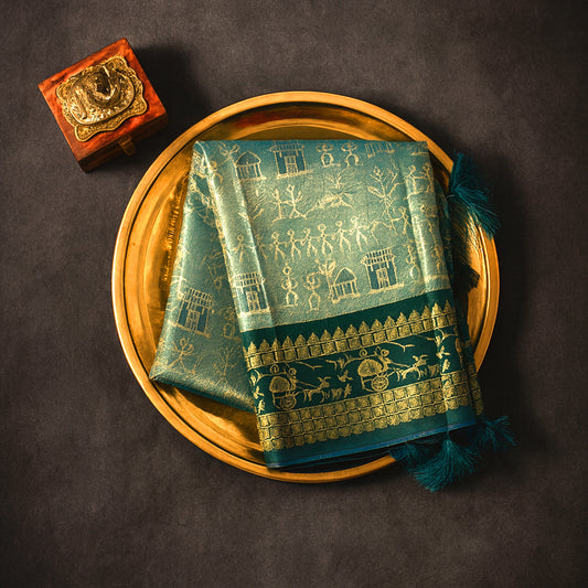 Emerald Green Stravi Silk with Golden Zari