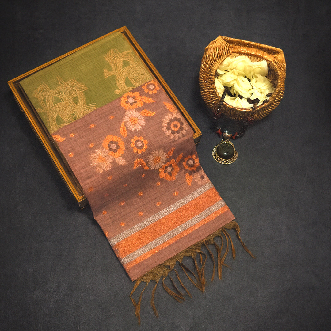 Olive green Palayam Silk Tussar with Copper and Mauve border