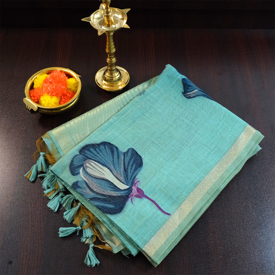 Resham Tussar in aqua blue linen-cotton base