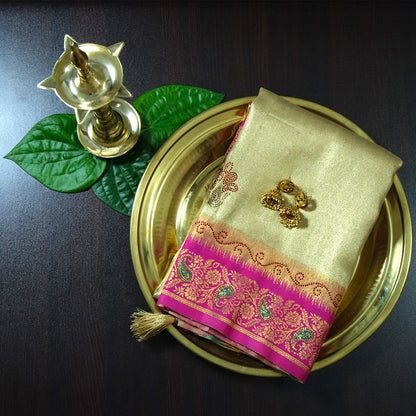 Silk Tulasi in Golden Beige Base with a Vibrant Pink border