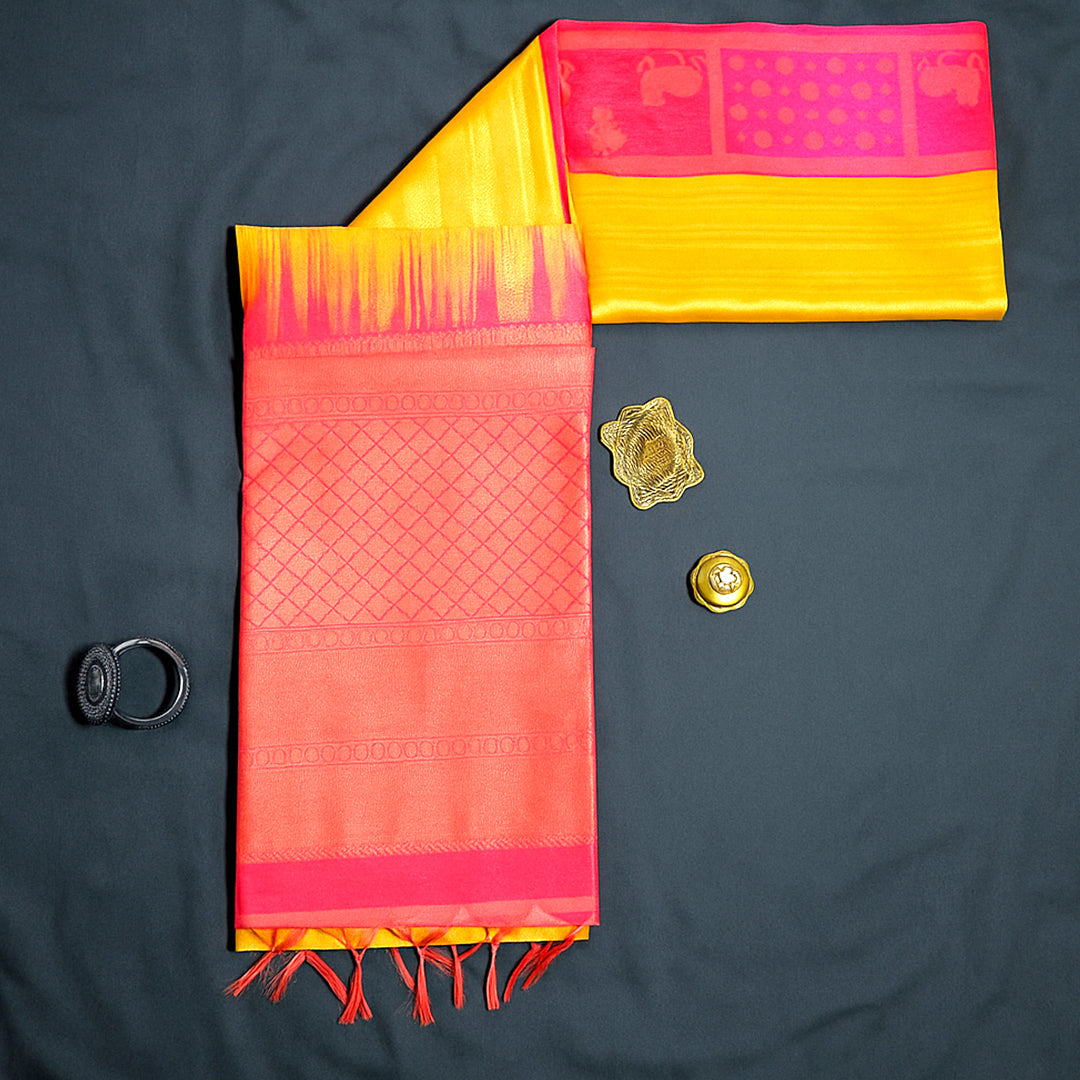 Mustard yellow Gokul Tussar with pink border