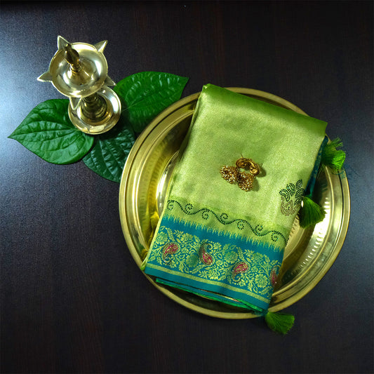Silk Tulasi in Radiant Light Green with Teal Blue border