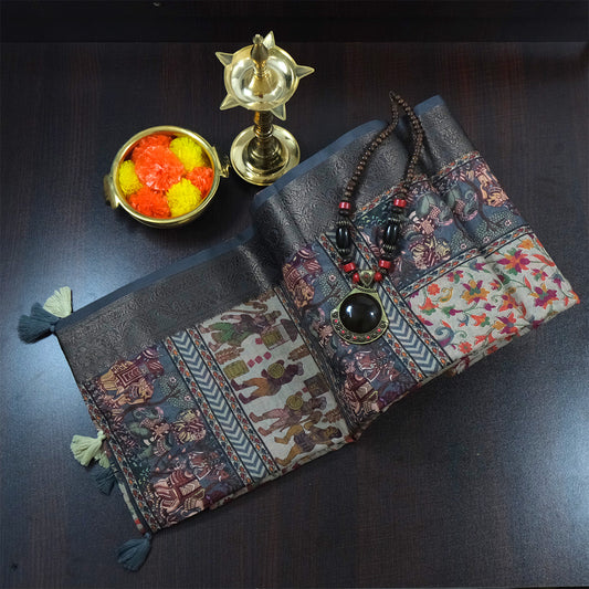Kavya Loom in Charcoal - Grey Base with Kalamkari style prints