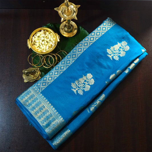 Neera Silk Saree in Vibrant Turquoise Blue with Floral works