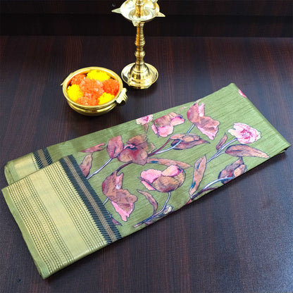 Kusum Silk in Olive Green Base with Floral prints