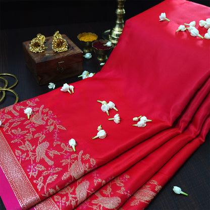 Hamsini Silk saree in Bright crimson red shade with a lustrous silk texture