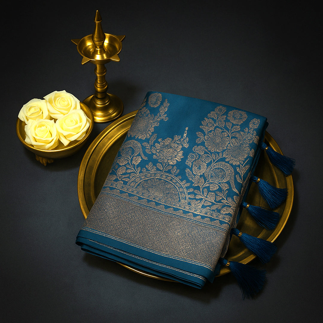 Teal Madhur Sangam silk saree with Gold Zari