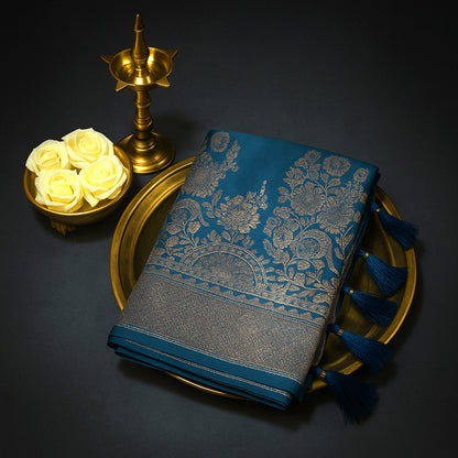 Teal Madhur Sangam silk saree with Gold Zari