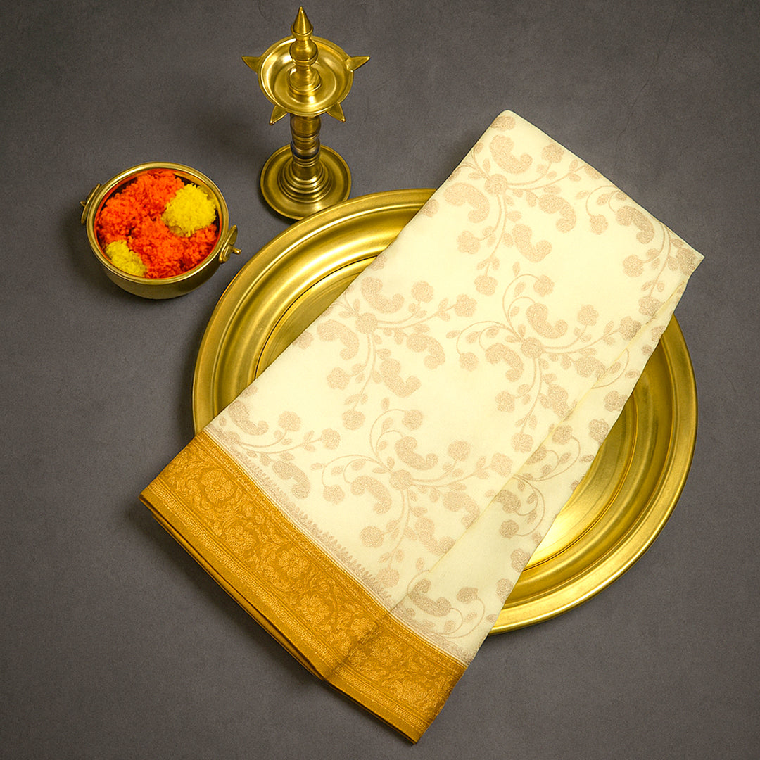 Ivory - Mustard Mahalakshmi Viscose silk saree with Floral and Zari works