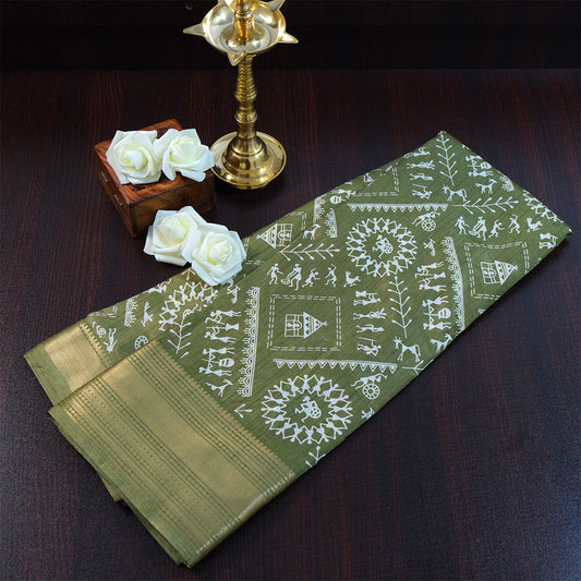 Kusum Silk in Olive Green Base with Kalamkari prints