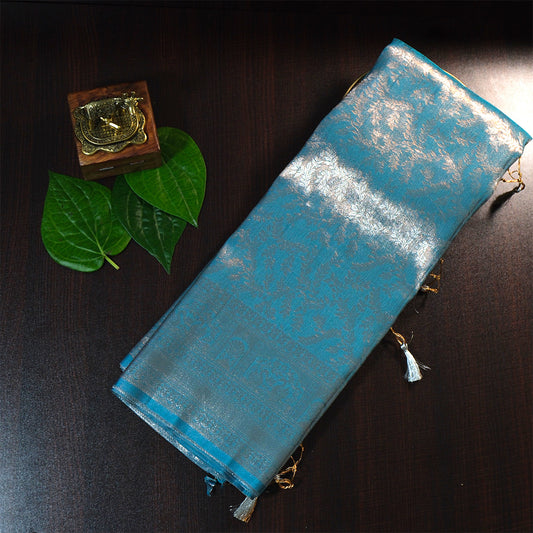 Thara Silk in Turquoise Blue Base with Floral works