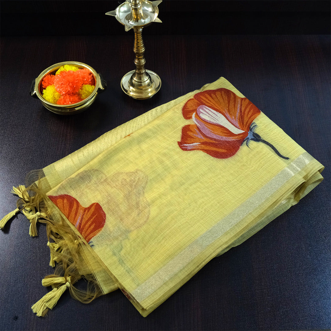 Resham Tussar Light pastel yellow shade with a soft golden sheen.