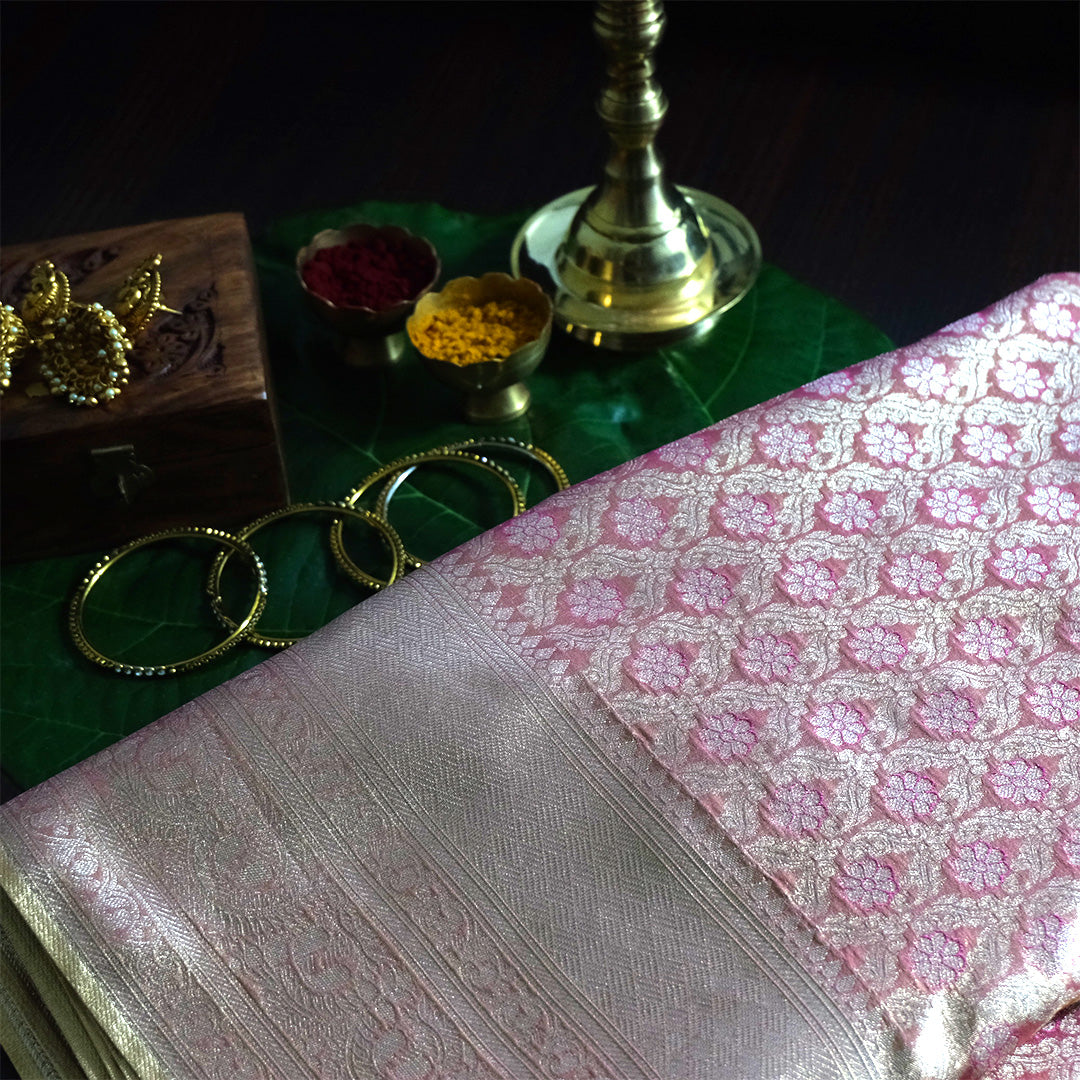 Mayuri Drape in Radiant golden Pink shade with a rich, lustrous silk finish