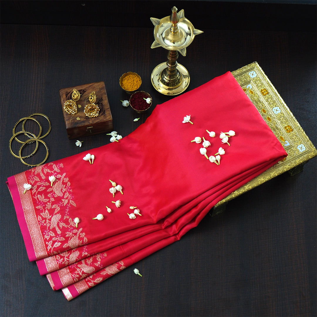 Hamsini Silk saree in Bright crimson red shade with a lustrous silk texture