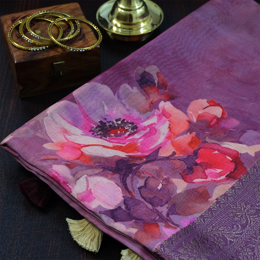 Chaithra Weave in Rich Mauve Plum base with floral prints