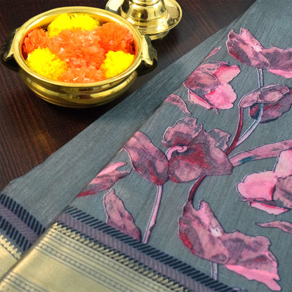 Kusum Silk in Slate Teal Base with Floral prints