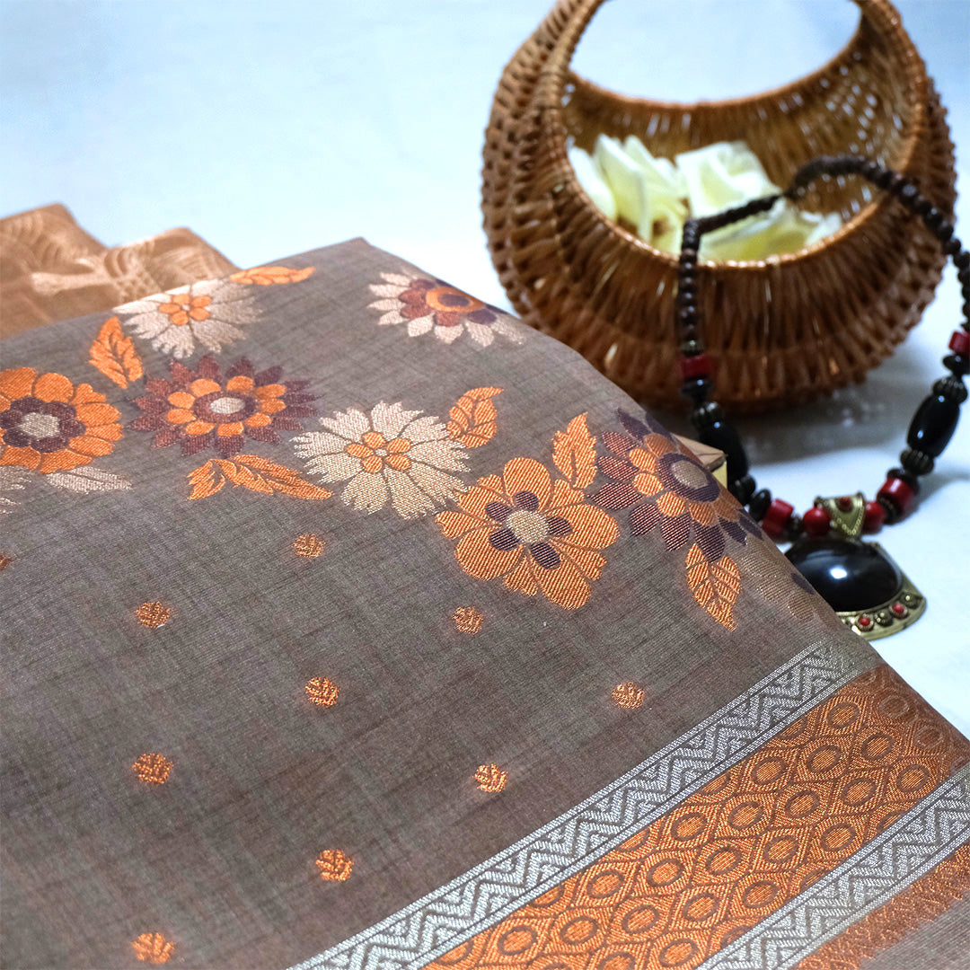 Warm brown Palayam Silk Tussar with soft grey border