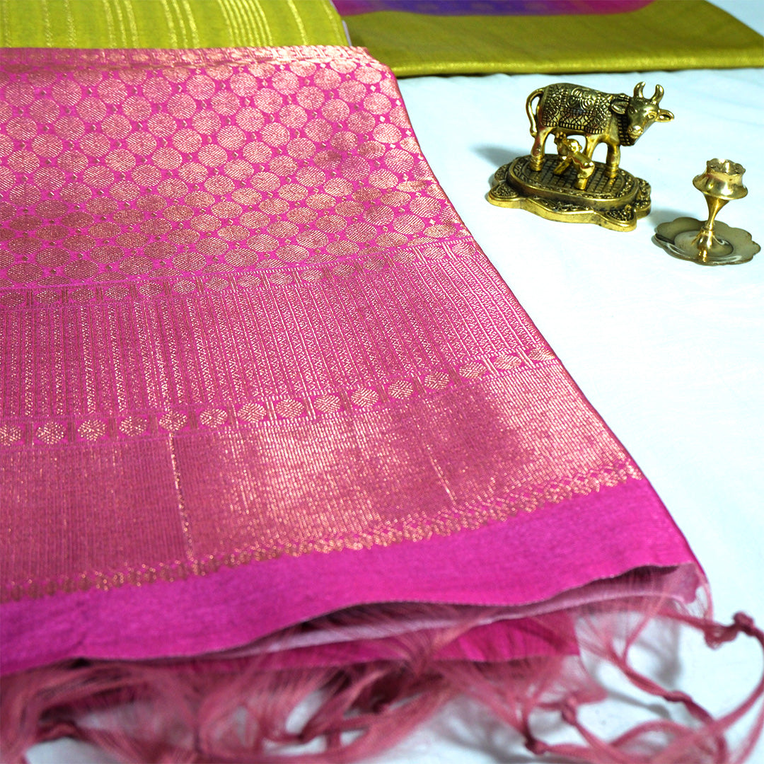 Pista Green Gokul Tussar with Pink and purple border