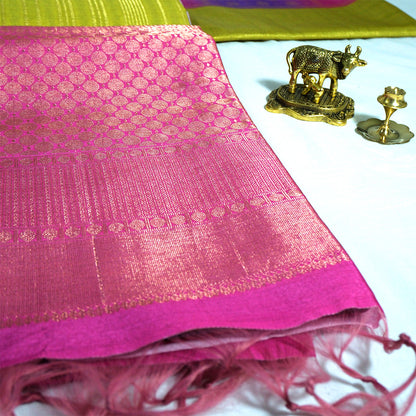 Pista Green Gokul Tussar with Pink and purple border