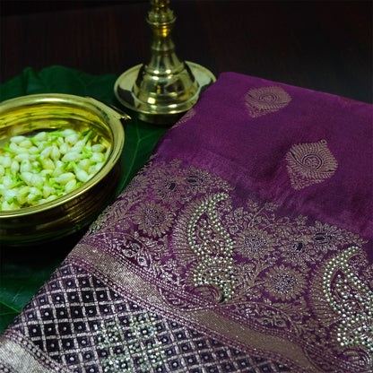 Rithvi Satin Deep plum shade color adorned with intricate golden zari embroidery