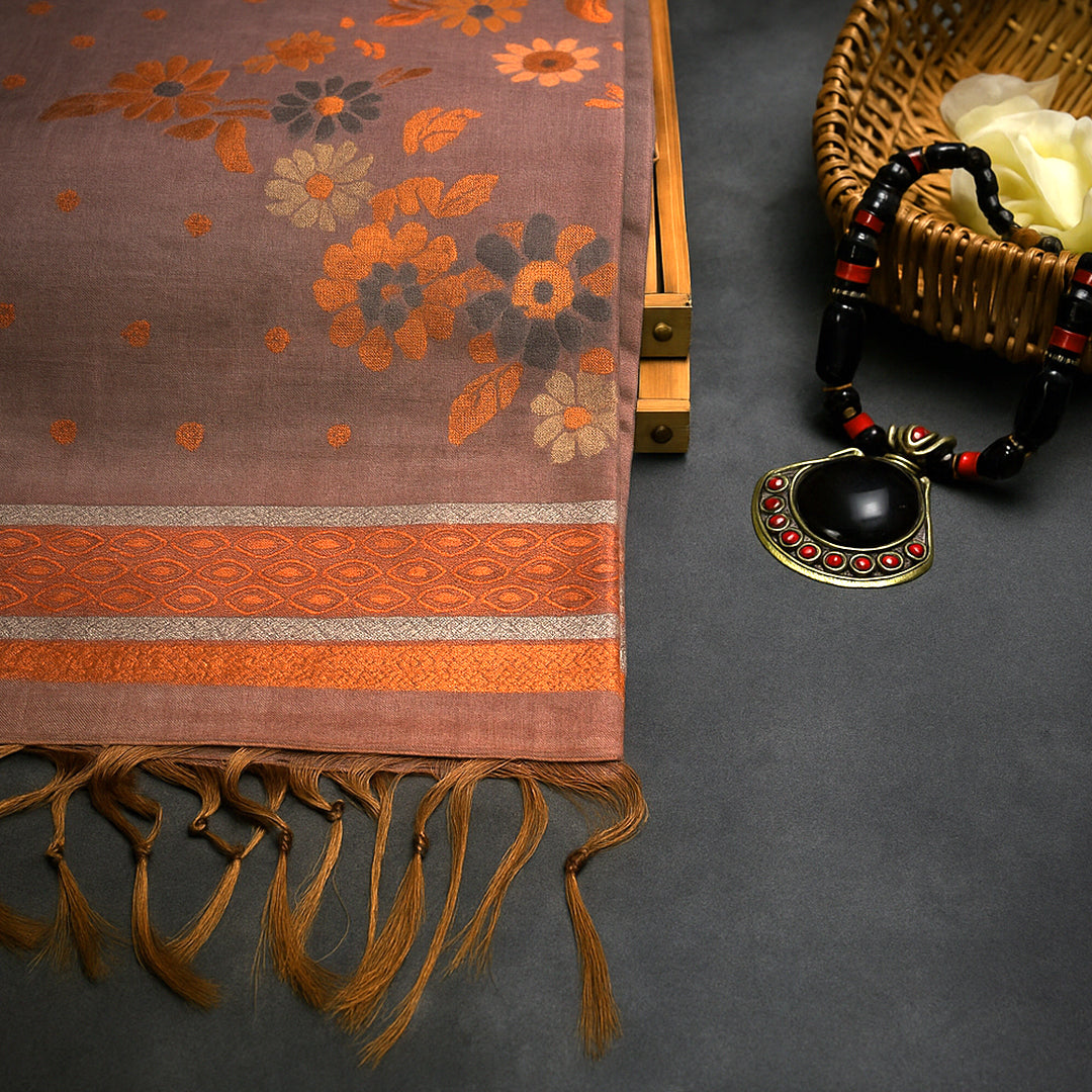 Olive green Palayam Silk Tussar with Copper and Mauve border