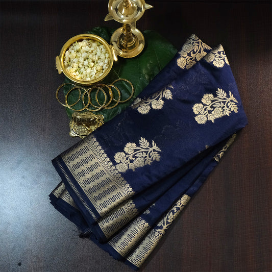 Neera Silk in Deep Navy Blue Base with Floral works