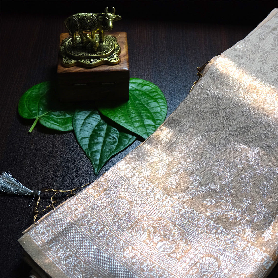 Thara Silk in Soft Champagne Beige Base with Floral works