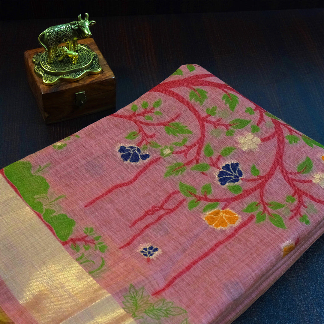 Varnica Tussar Soft peach pink shade with a subtle golden undertone