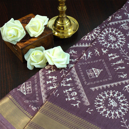 Kusum Silk in Plum base with Kalamkari prints