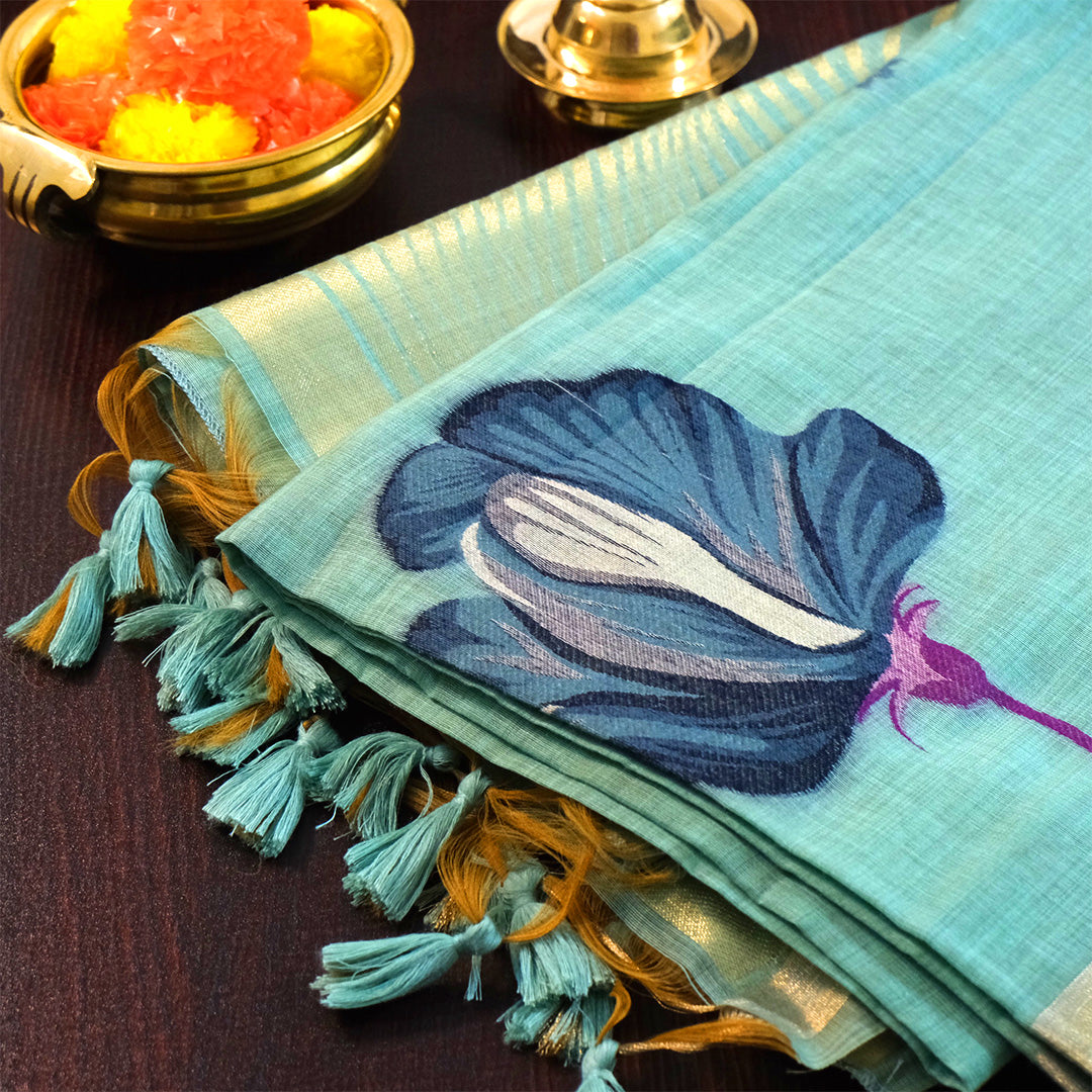Resham Tussar in aqua blue linen-cotton base